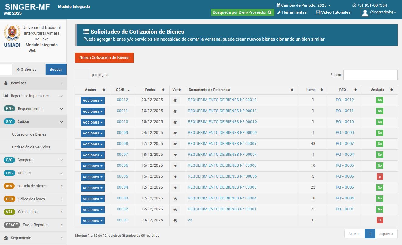 Cotizaciones - SINGER-MF WEB