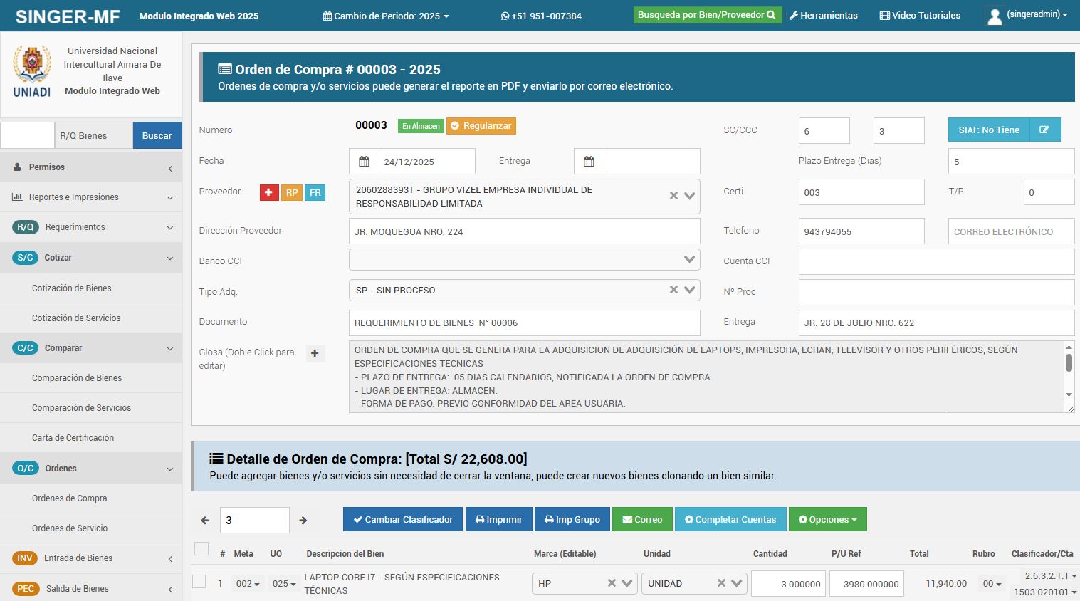 Órdenes de compra - SINGER-MF WEB
